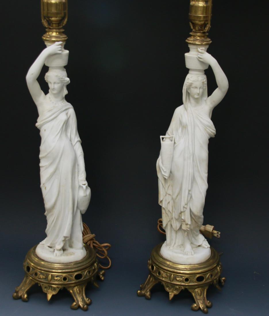 PR. OF PARIAN WARE LAMPS: ROMAN WOMAN FIGURE WITH AMPHORA - ORNATE BRASS BASE Dimensions: 19" TO COLLAR - 6" DIAMETER BASE