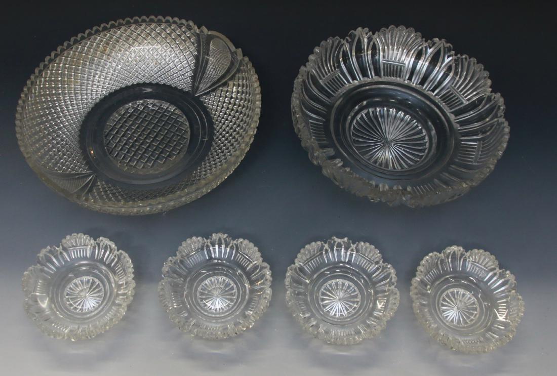 EARLY CUT GLASS GROUP: HEAVY CUT GLASS INSERTS FOR EPERGNE (1 SET OF 5) - SINGLE BOWL Dimensions: LARGE BOWLS 12" - 10" - 5"
