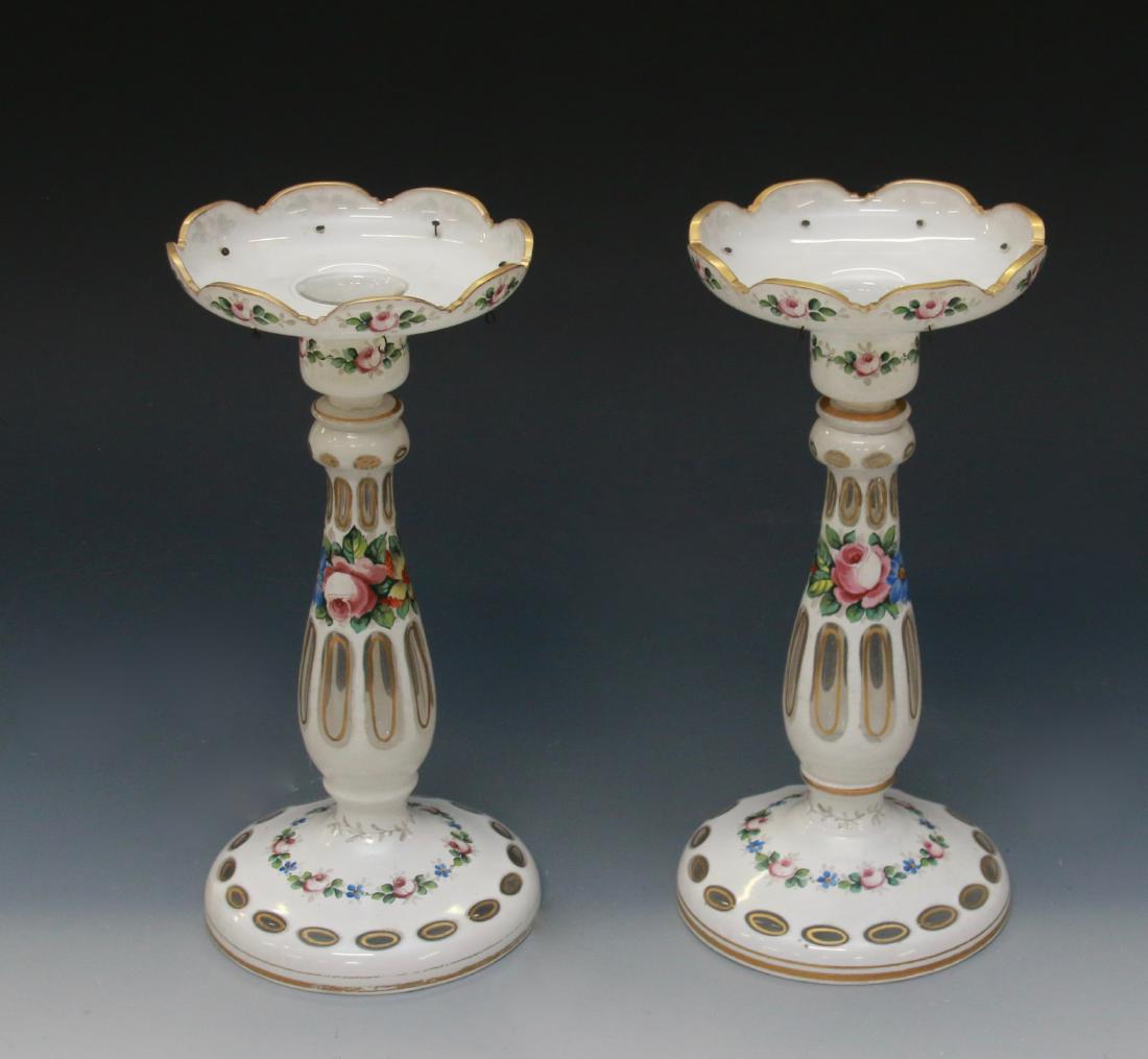 CUT GLASS OVERLAY CANDLESTICKS: WHITE CUT TO CLEAR WITH HAND PAINTED FLOWER AND GILT - CZECH STAMP 1930'S (HANGERS FOR PRISMS) Dimensions: 10" X 4 3/4"