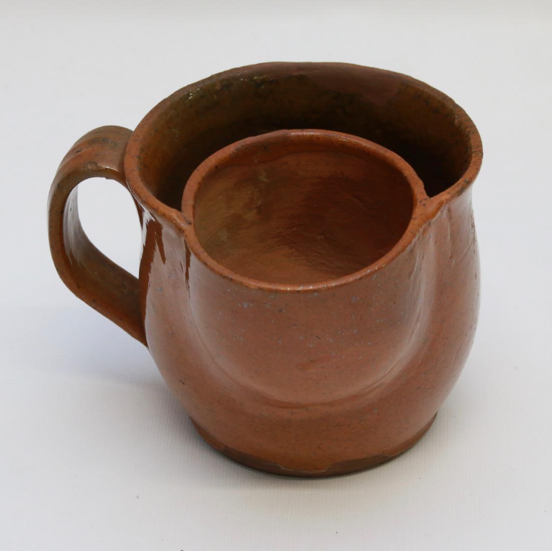 REDWARE SHAVING MUG: 19TH CENTURY PA WITH STRAP HANDLE Dimensions: 6" X 4"