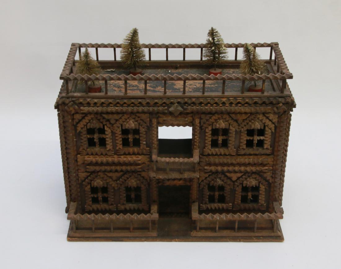 TRAMP ART MODEL HOME: 19TH CENTURY FOLK ART HOUSE - CHIP CARVED WITH GALLERY ROOF Dimensions: 13" X 10" X 8"