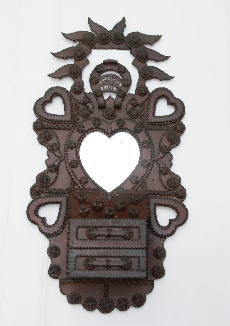 TRAMP ART MIRROR AND WALL BOX: CHIP CARVED WITH 2 DRAWERS - HEART AND GEOMETRIC MOTIF - "GOOD LUCK" HORSESHOE - ATTRIBUTED TO "ZADZORA" Dimensions: 15" X 28"