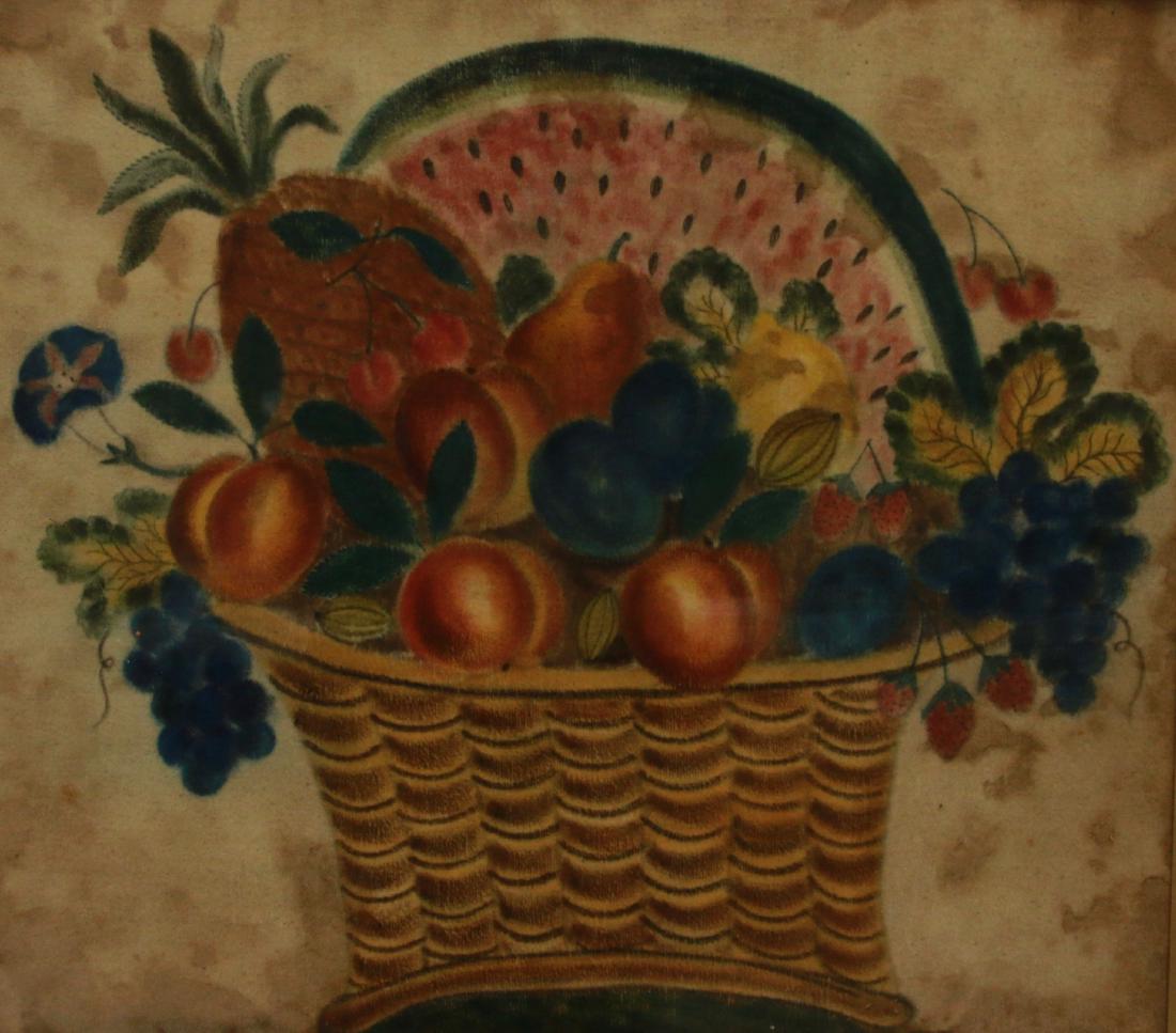 19TH CENTURY THEOREM: FRUIT BASKET PAINTED ON VELVET IN ORIGINAL BIRDSEYE MAPLE FRAME - VIBRANT COLORS Dimensions: 20 1/2" X 18" .