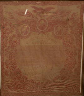 DECLARATION OF INDEPENDENCE: PRINTED TEXTILE OF THE DECLARATION OF INDEPENDENCE - BROADSIDE OF THE DECLARATION PRINTED IN RED ON OFF WHITE COTTON TEXTILE - CIRCA 1820-1825 - FRAMED UNDER GLASS Dimensions: 28 1/2" X 32 1/2" - 34"