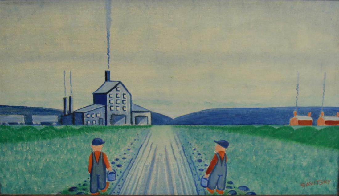 JACK SAVITSKY OIL ON BOARD: BLUE MONDAY" TAPED ON BACK "MY FIRST DAY OF WORK AS A SLATE PICKER - $2.64 A DAY 1925" - PART OF THE MARY LOU AND JACK SAVITT COLLECTION Dimensions: 10" X 17