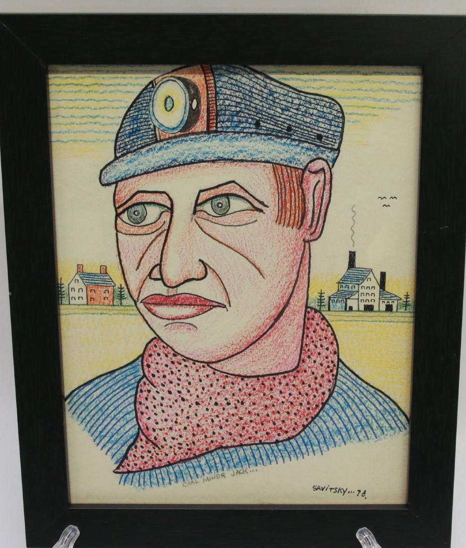 JACK SAVITSKY CRAYON ON PAPER: COAL MINER JACK " DATED 78 - FRAMED Dimensions: 8" X 11