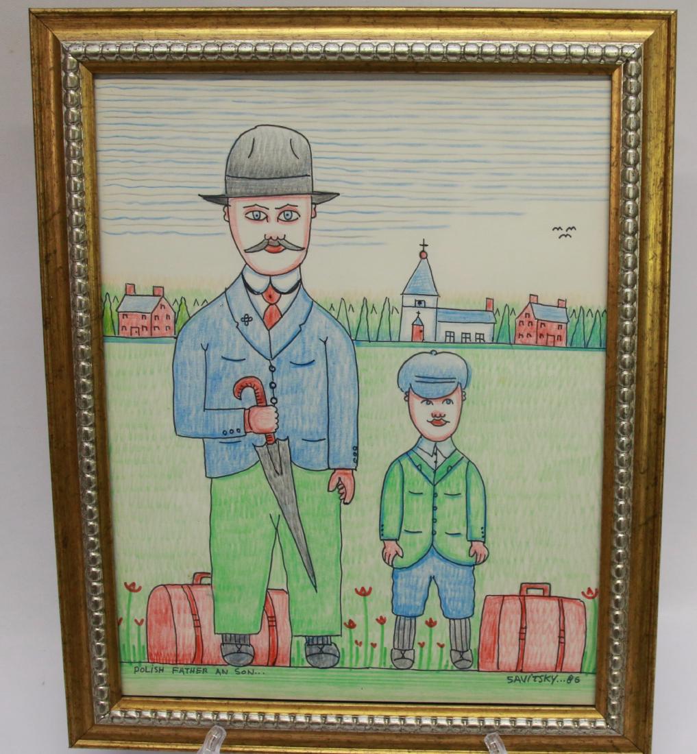 JACK SAVITSKY CRAYON ON PAPER: POLISH FATHER AN SON" - DATED 86 - FRAMED Dimensions: 14" X 11