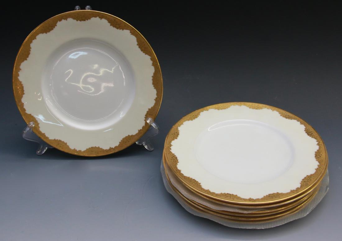 MINTONS DINNER PLATES: (7) WITH GOLD EDGING - MARKED ON BACK "DAVIS COLLAMORE & CO. NEW YORK) Dimensions: 10" DIAMETER
