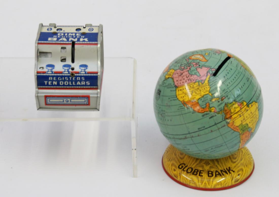 PR. OF TIN LITHO BANKS: GLOBE AND DIME BANK MARKED " J . CHEIN " Dimensions: 2" TO 4 1/2"