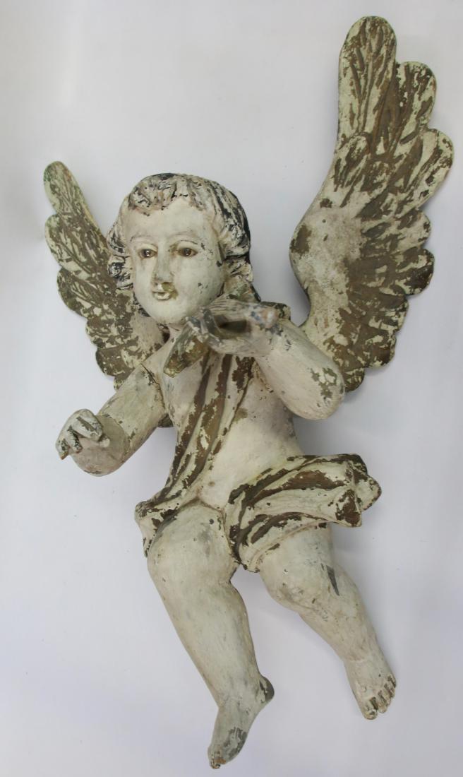 CARVED WOODEN CHERUB: WHITE PAINT WITH GLASS EYES - HOLDING VIOLIN Dimensions: 25" X 17"