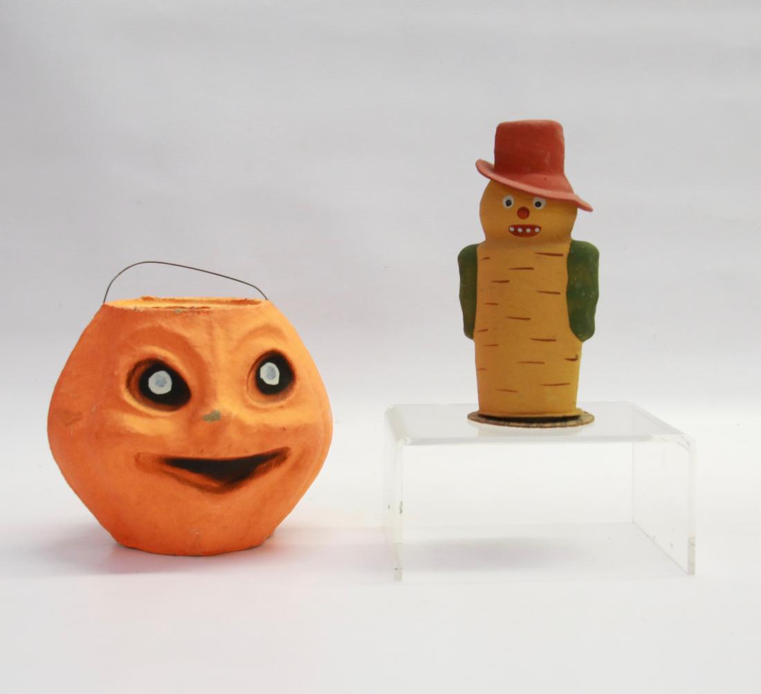 PR. OF HALLOWEEN DECORATIONS: 1950'S JACK O' LANTERN - VEGETABLE CANDY CONTAINER Dimensions: 4 3/4" H - 5 1/2" H