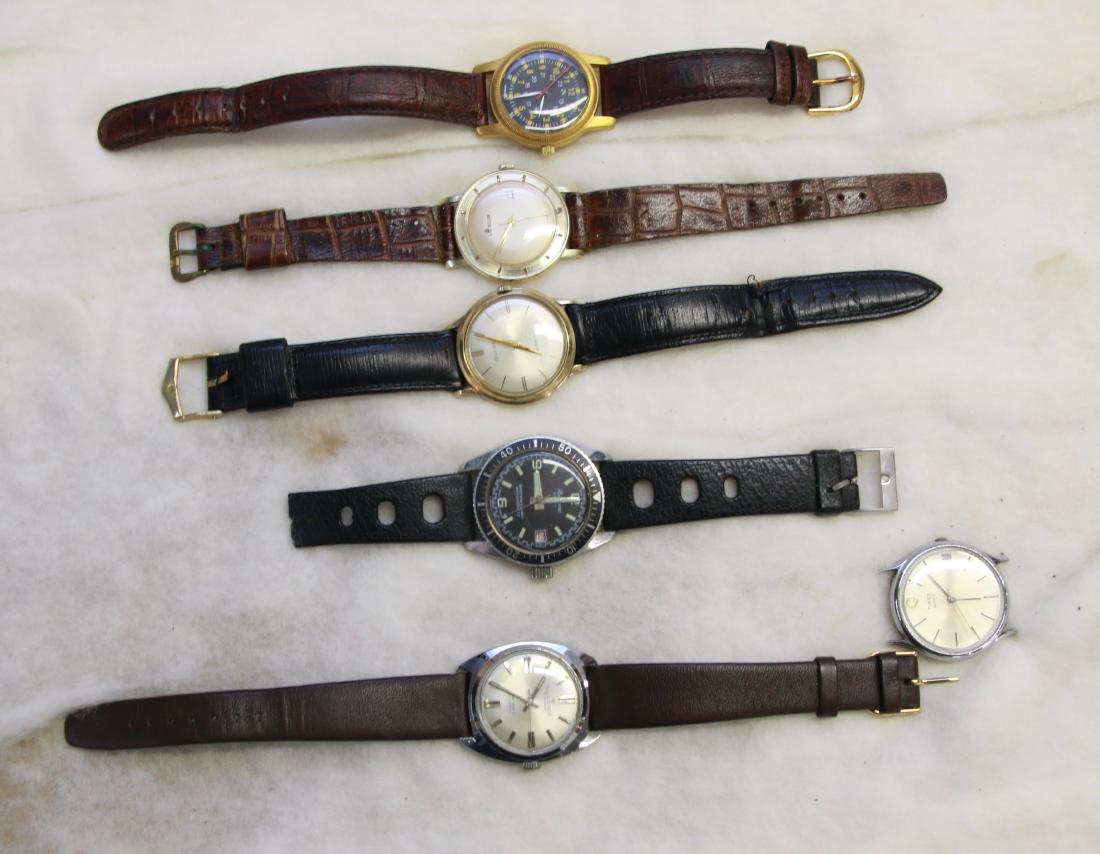 LOT OF WATCHES: (6) WATCHES, ONE WITHOUT BAND - PAUL PORTINOUX 17 JEWELS (WORKING), BERCONA SPORT (WORKING), BULOVA, LORD NELSON, ONE MARKED JAPAN, AND TIMEX (NO BAND)