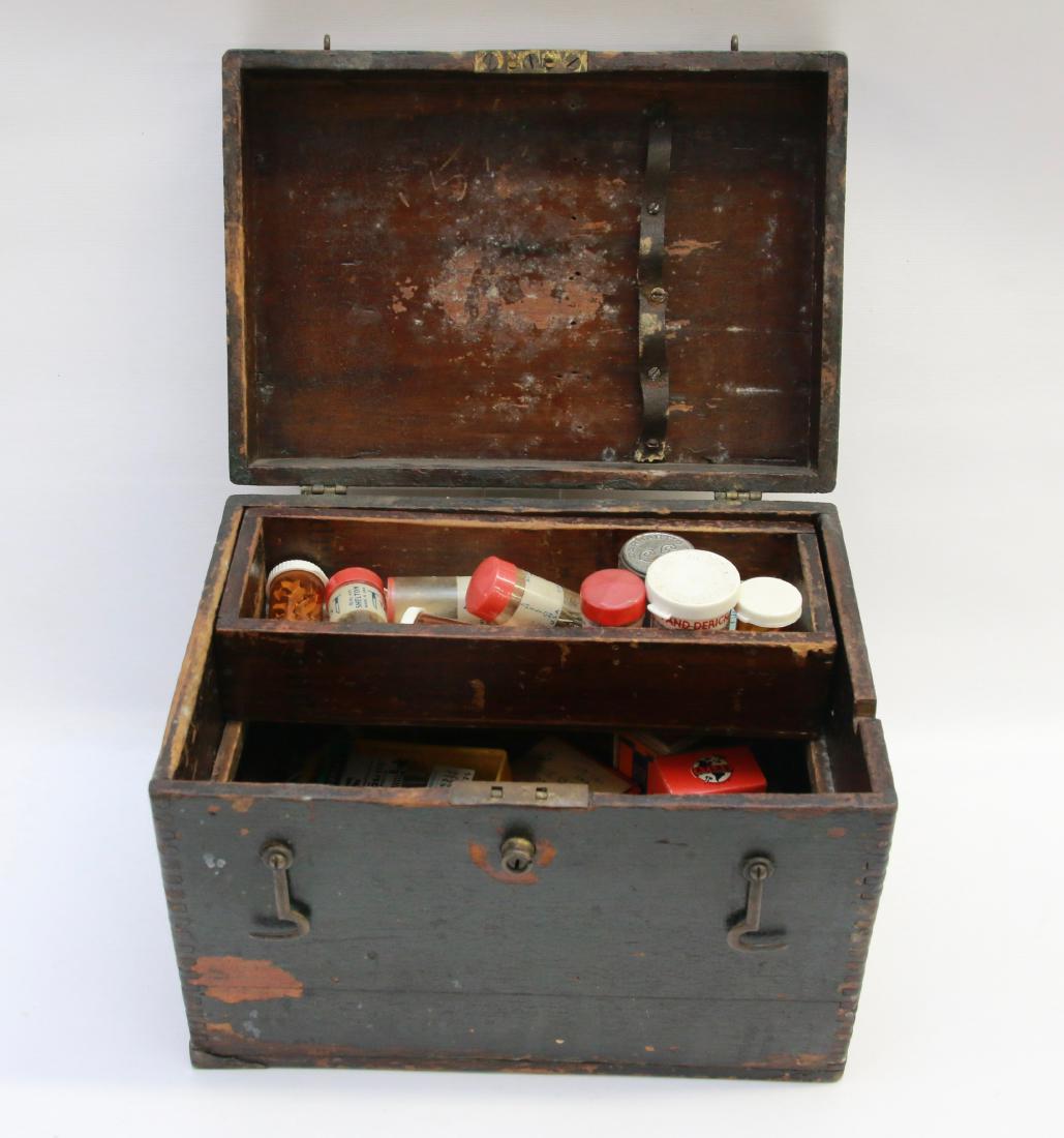 EARLY DOVETAILED BOX: PAINTED GREEN, BRASS CORNERS, LIFT LID, WITH INTERIOR CONTENTS
