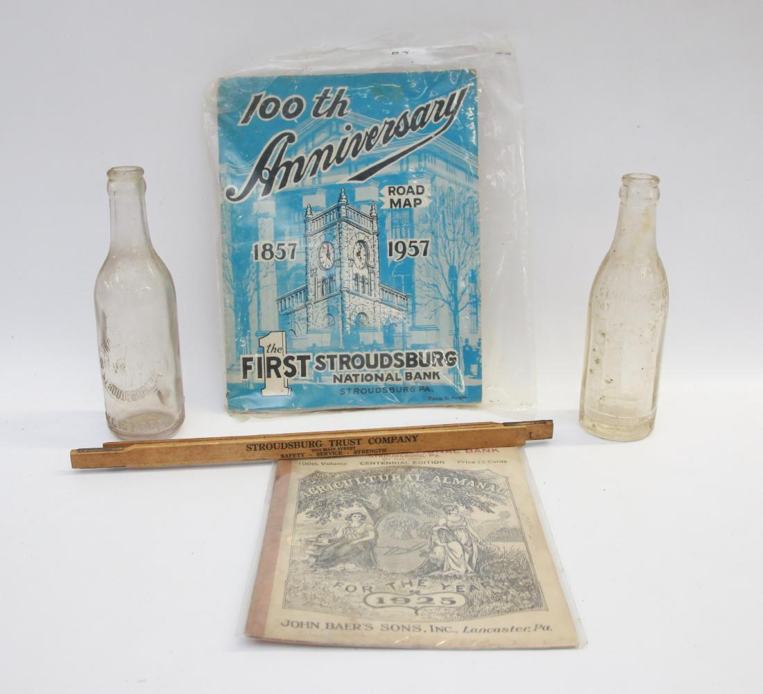 GROUP LOT OF ADVERTISING ITEMS: STROUDSBURG, PA - INCLUDING RULERS AND BOTTLES AND MORE