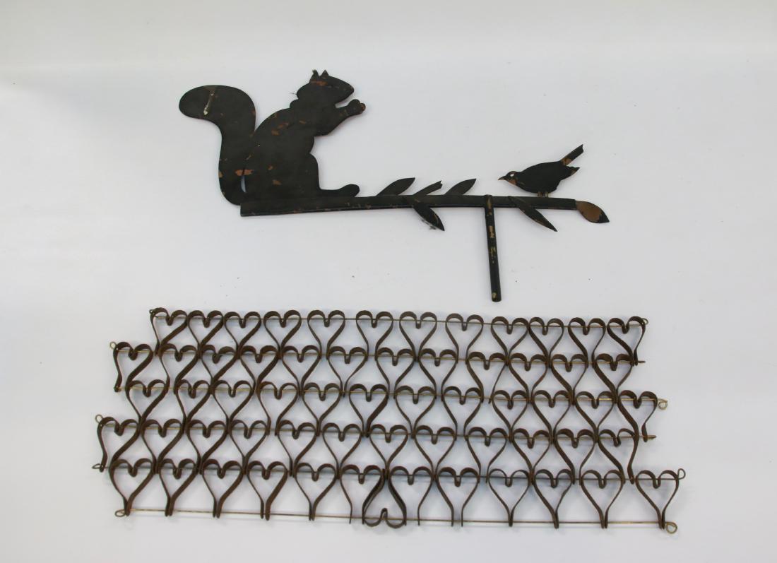 GROUP LOT OF SMALLS: INCLUDING - COPPER PAINTED WEATHER DIRECTIONAL IN THE FORM OF A SQUIRREL AND BIRD AND IRON "HEART" MAT