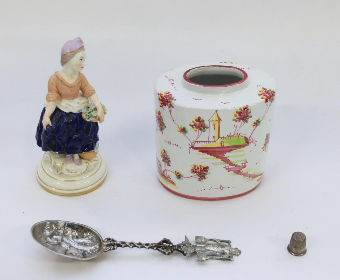 GROUP LOT OF SMALLS: (4) PIECES INCLUDING - ITALIAN "GIRL" FIGURE, ITALIAN HAND PAINTED CADDIE (MISSING LID), THIMBLE, AND SILVER DECORATIVE SPOON OF A "MILK MAID"