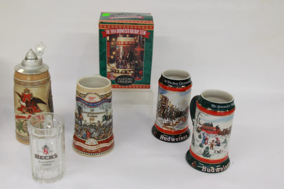 LOT OF BEER MUGS: (4) ANHEUSER-BUSCH MUGS, MILLER HIGH LIFE, AND BECKS GLASS