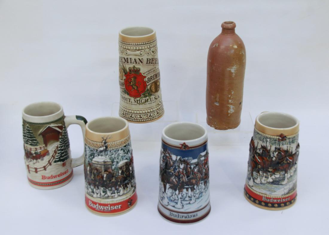 LOT OF BEER MUGS: (4) BUDWEISER MUGS, STROH'S MUG, AND EARLY POTTERY BOTTLE WITH HANDLE