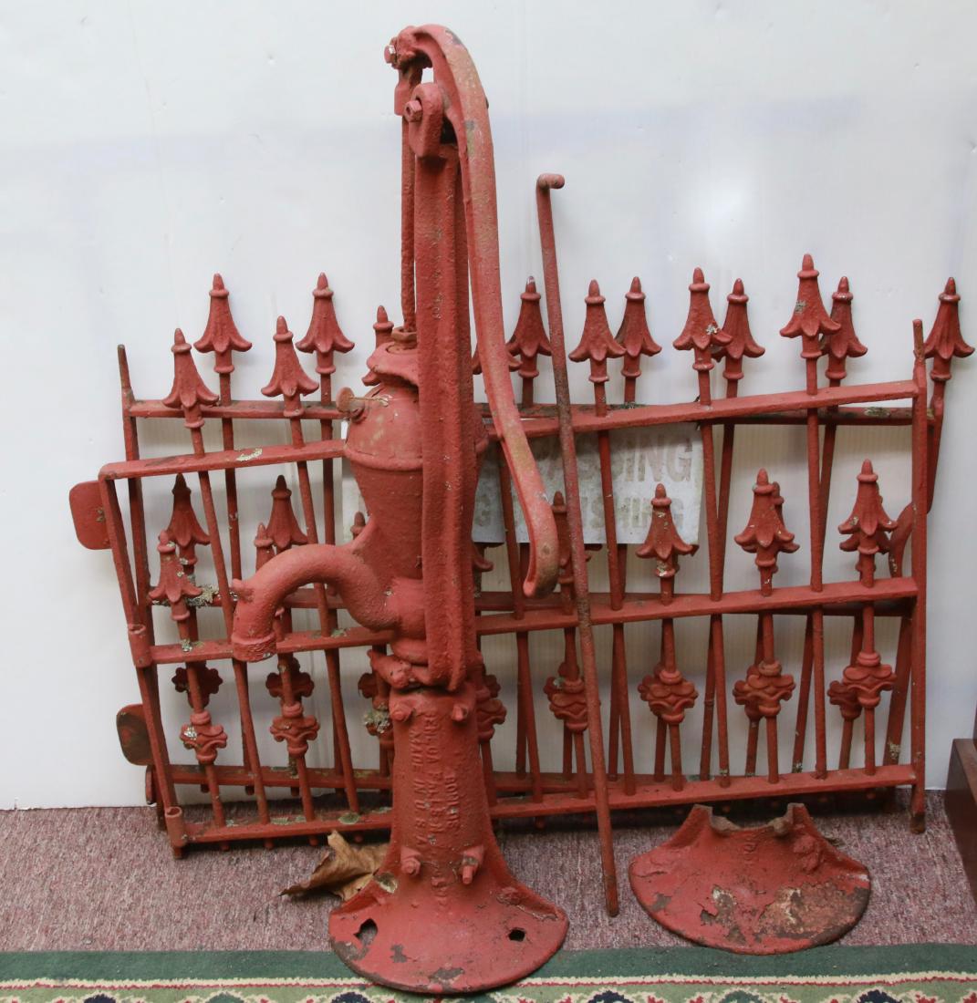 PITCHER PUMP AND IRON FENCE: OLD PITCHER PUMP AND TWO SECTIONS OF WROUGHT IRON FENCE