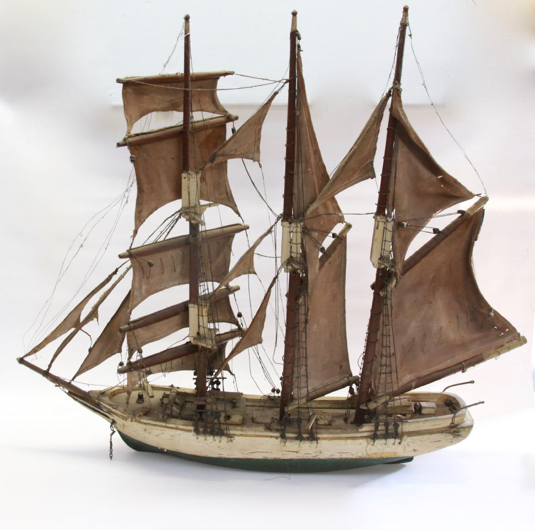 VINTAGE WOODEN MODEL SHIP: WOOD, WIRE, AND CLOTH CONSTRUCTION