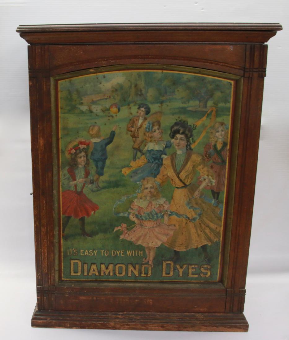 DIAMOND DYES ADV. CABINET: TIN PANEL INSERT WITH SLIDING DOORS ON BACK - INTERIOR CUBBIES