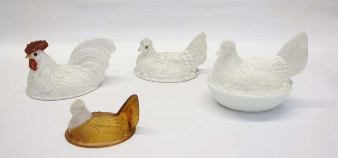 GROUP LOT OF MILK GLASS: INCLUDING - HEN ON A NEST, (2) HEN TOPS, AND ROOSTER