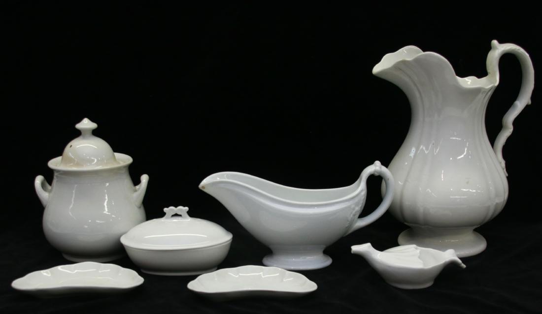 LOT OF IRONSTONE: PITCHER, CREAMER, GRAVY BOAT, AND DISHES