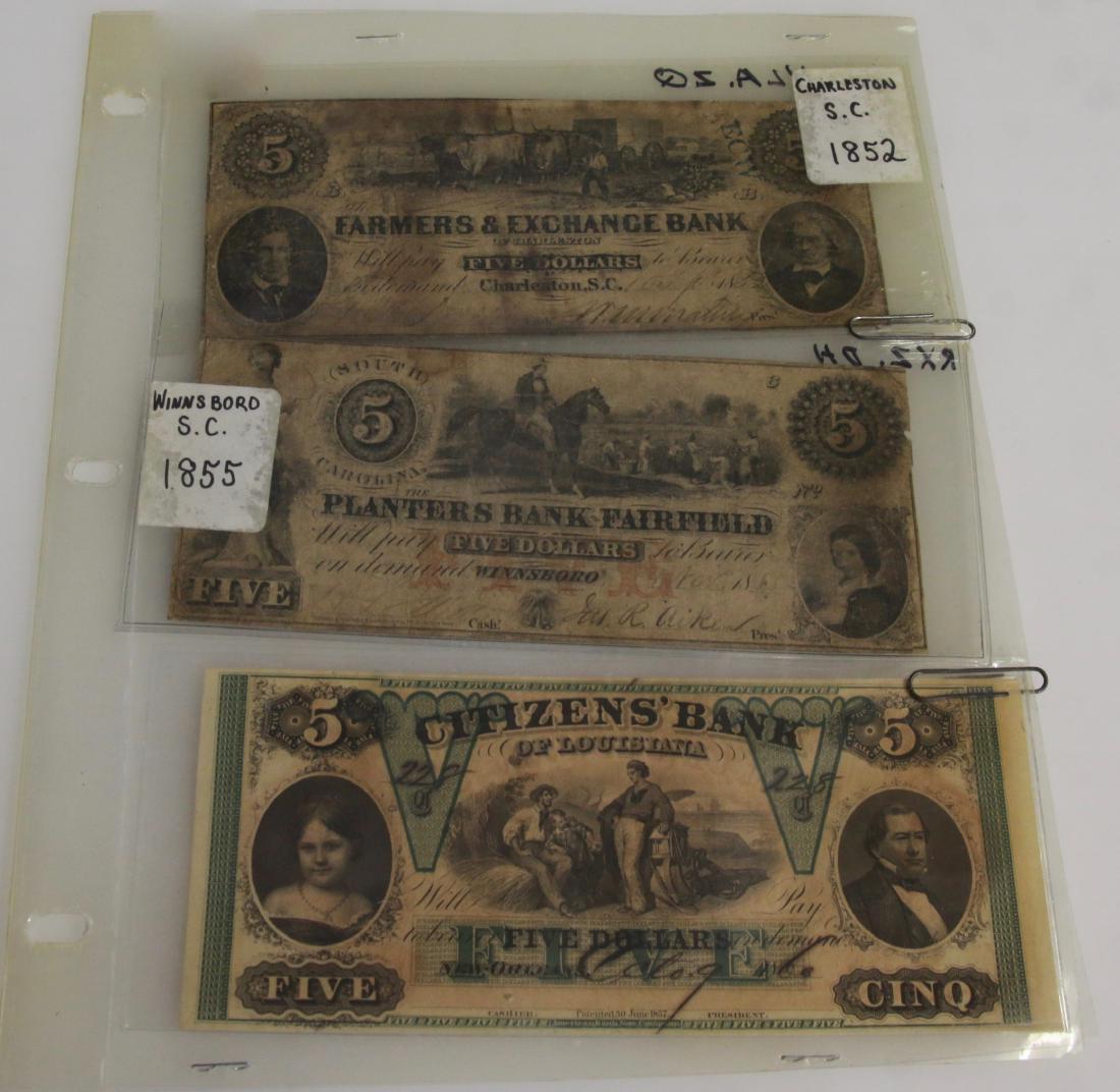 OBSOLETE CURRENCY LOT: FARMERS AND EXCHANGE BANK OF CHARLESTON 1852 PLANTERS BANK OF FAIRFIELD S.C. 1855 $5.00, AND CITIZENS BANK OF LOUISIANA 1860 $5.00