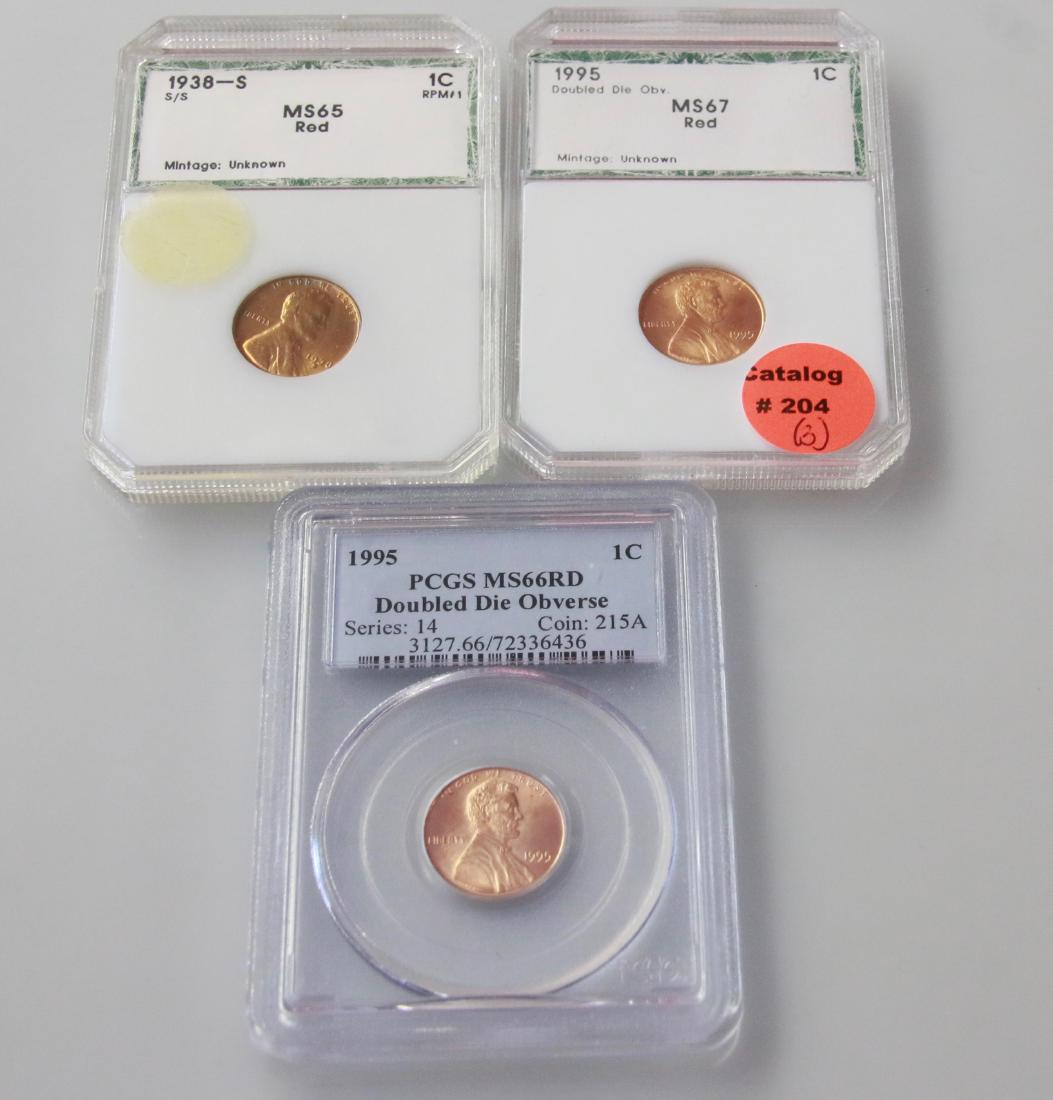 GRADED PENNY LOT: 1938 S S/S GRADED MS65 RED - 1995 DOUBLE DIE OBV. MS67 RED - 1995 DOUBLE DIE OBVERSE
