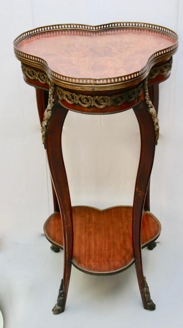 BRASS ORMOLU STAND: MARQUETRY TOP WITH BRASS MOUNTS - BRASS HOOFED FEET , 35" X 18" X 18"