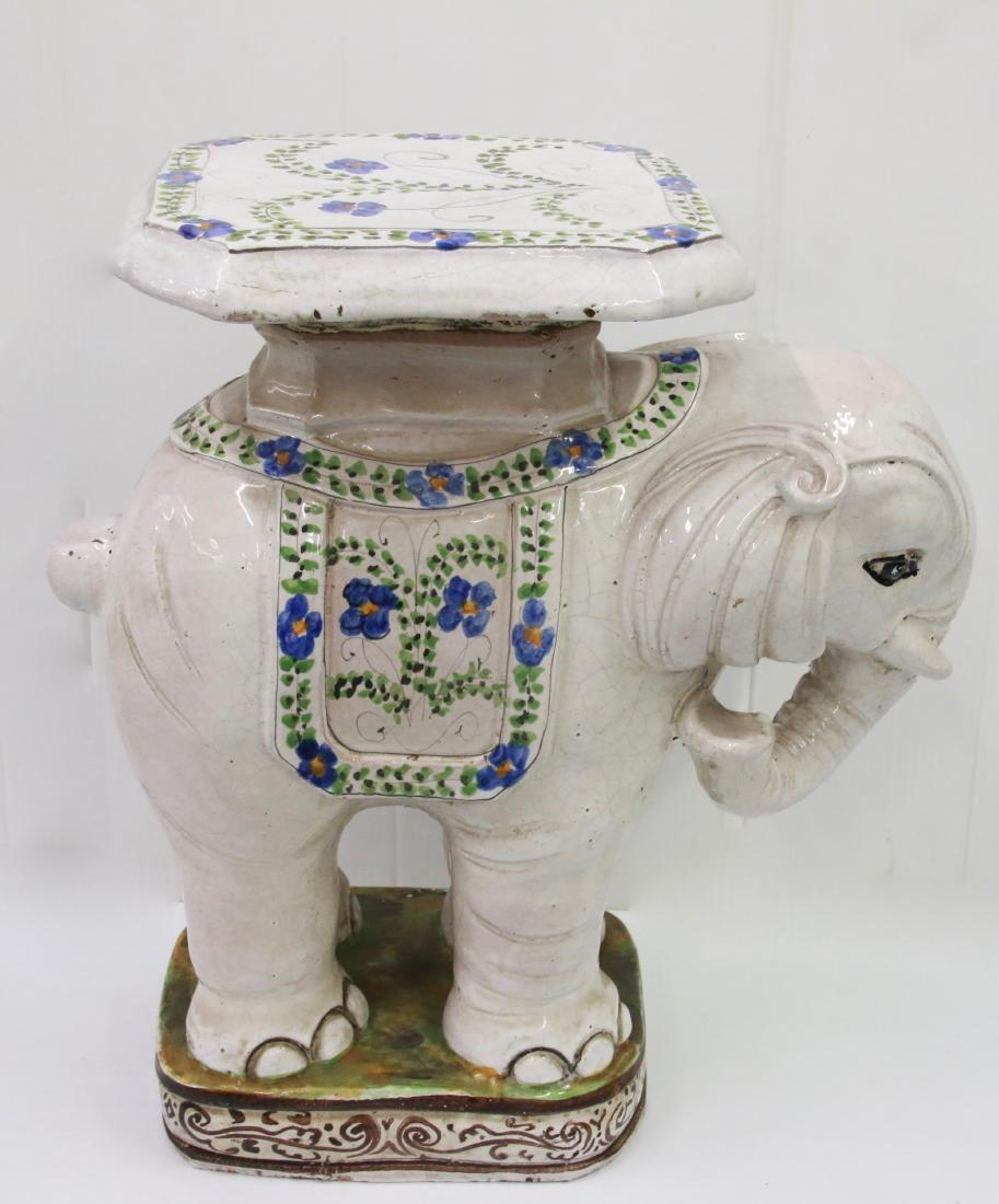 VINTAGE TERRACOTTA GARDEN SEAT: IN THE FORM OF AN ELEPHANT - GLAZED , 22 1/2" X 20" X 12"