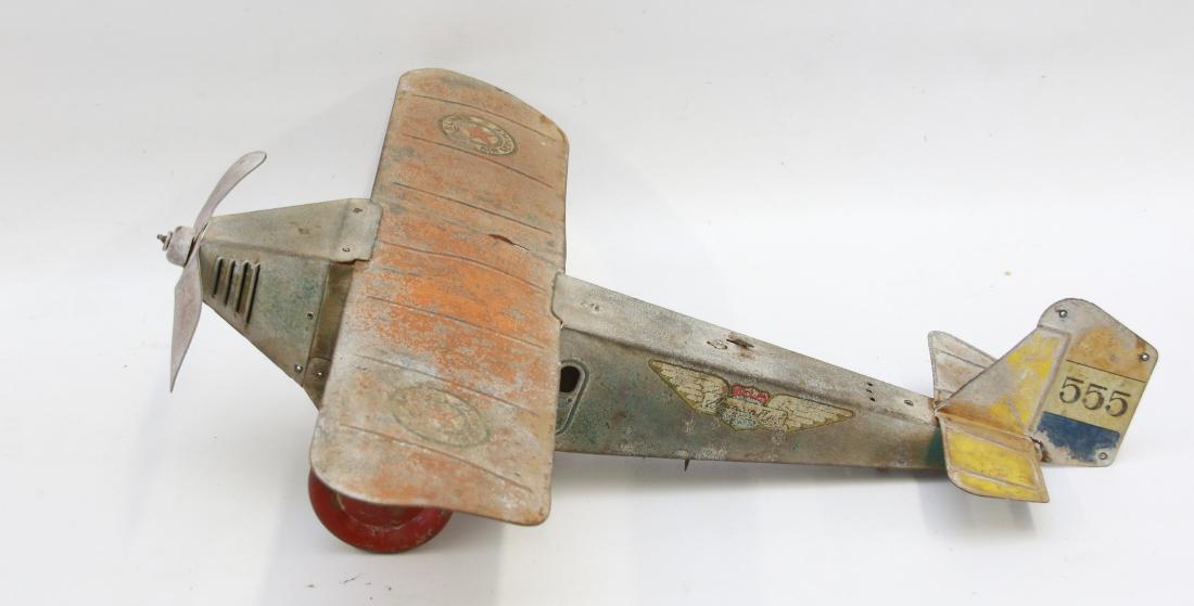 TIN AIRPLANE WIND-UP TOY: MARKED "AMERICAN FLYER" - ORIGINAL PAINT - F. LINES AIR SERVICE #555 , 19" X 18" X 5 1/2"