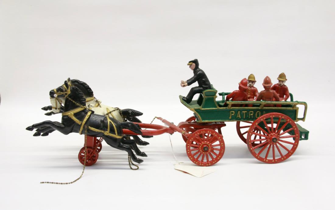CAST IRON TOY: 3 HORSE FIRE PATROL WAGON WITH DRIVER AND (4) FIREMEN - ORIGINAL PAINT, 20" L