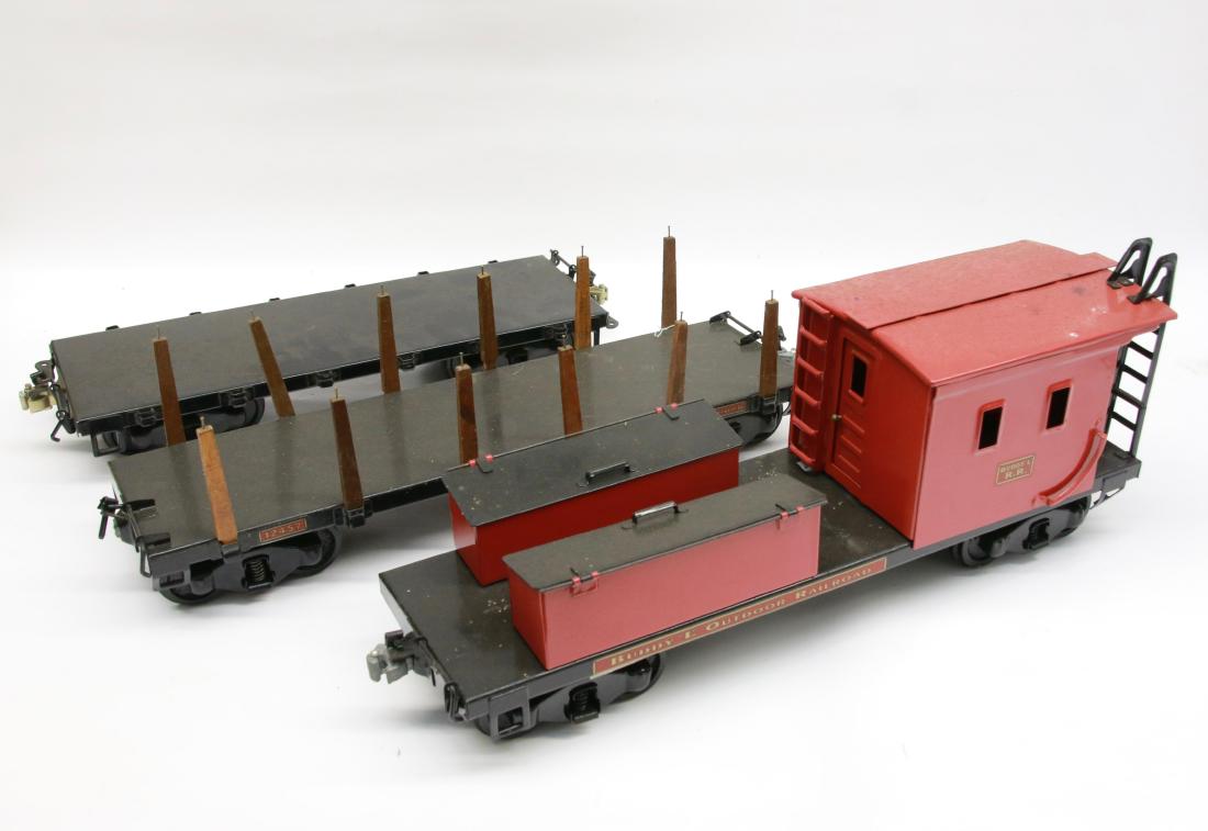BUDDY L TRAIN CAR LOT: FROM THE OUTDOOR RAILROAD - (2) FLATBED CARS AND CABOOSE , 18" - 20" - 20" L
