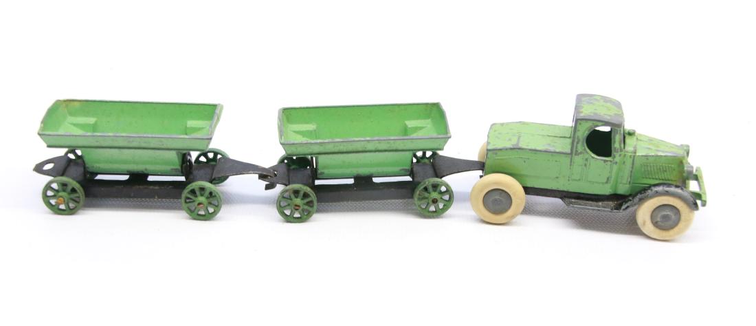 TOOTSIE TOY GROUP LOT: TRUCK PULLING DUMP TRAILERS , 9"