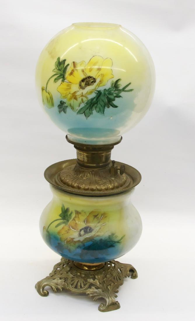 GONE WITH THE WIND LAMP: HAND PAINTED WITH CAST IRON BASE - FLORAL MOTIF , 21" H