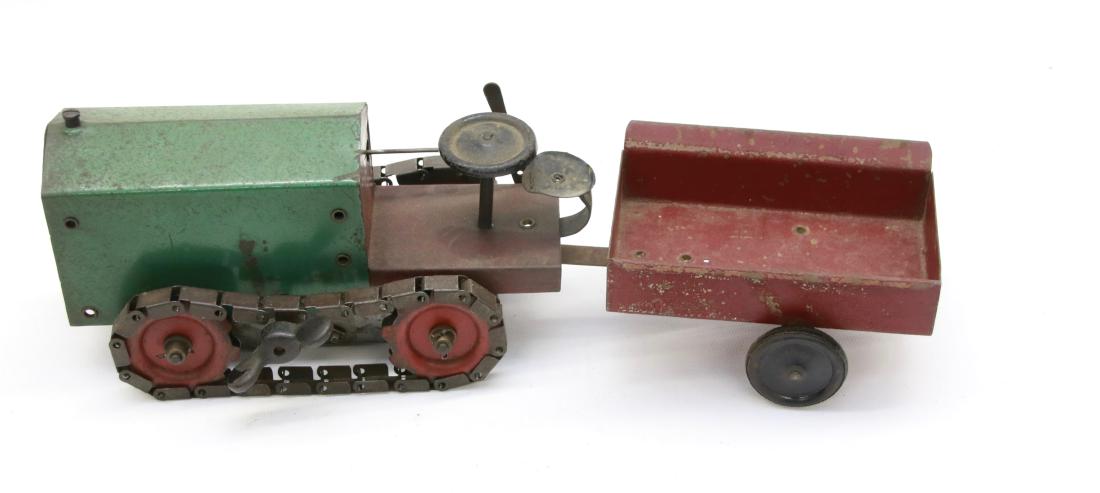EARLY STRUCTO TRACTOR: PRESSED METAL AND PAINTED - CIRCA 1920'S WIND-UP TOY, 14" L