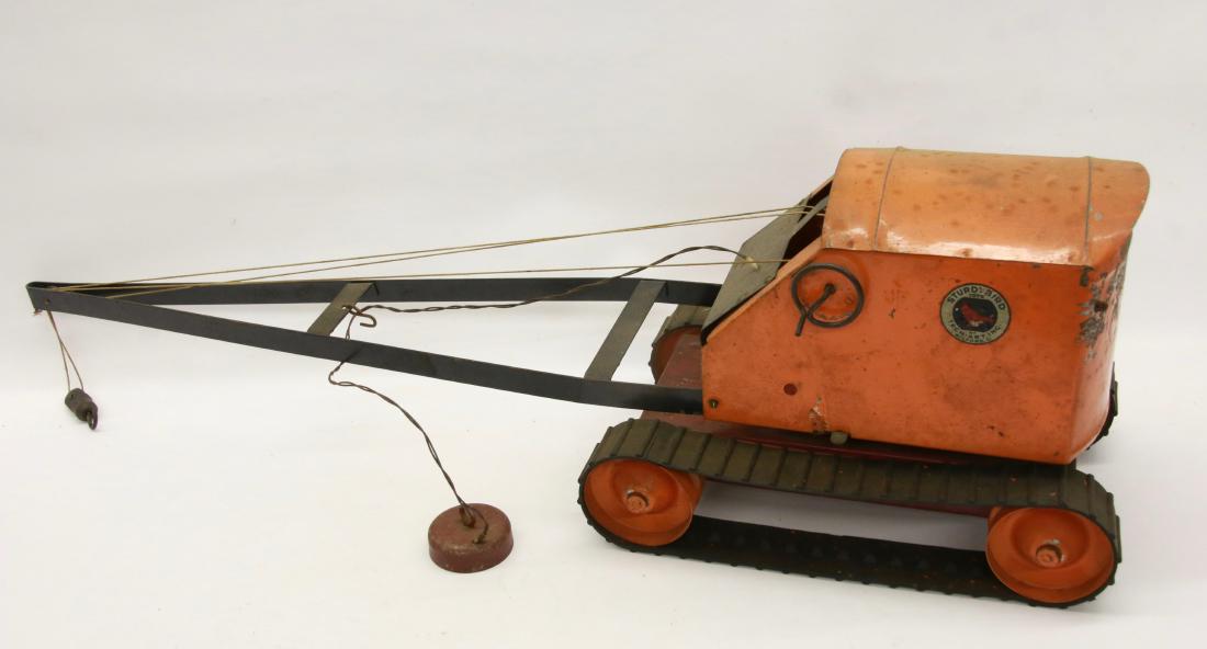 STURDY BIRD TOYS CRANE: BY: TECH-ART - PRESSED STEEL CRANE IN ORIGINAL PAINT - RUBBER TREADS , 31" L X 9 1/2"