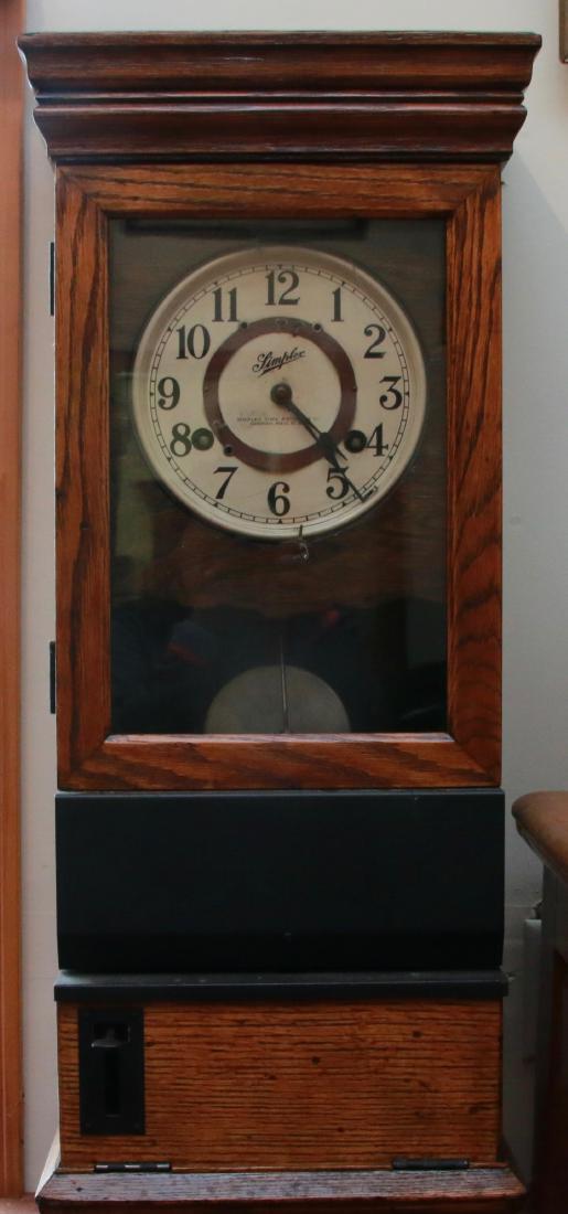 SIMPLEX OAK TIME CLOCK: SIMPLEX TIME RECORDER - GARDNER, MASS - KEY WIND , 13 1/4" X 9 3/4" X 31 1/2"