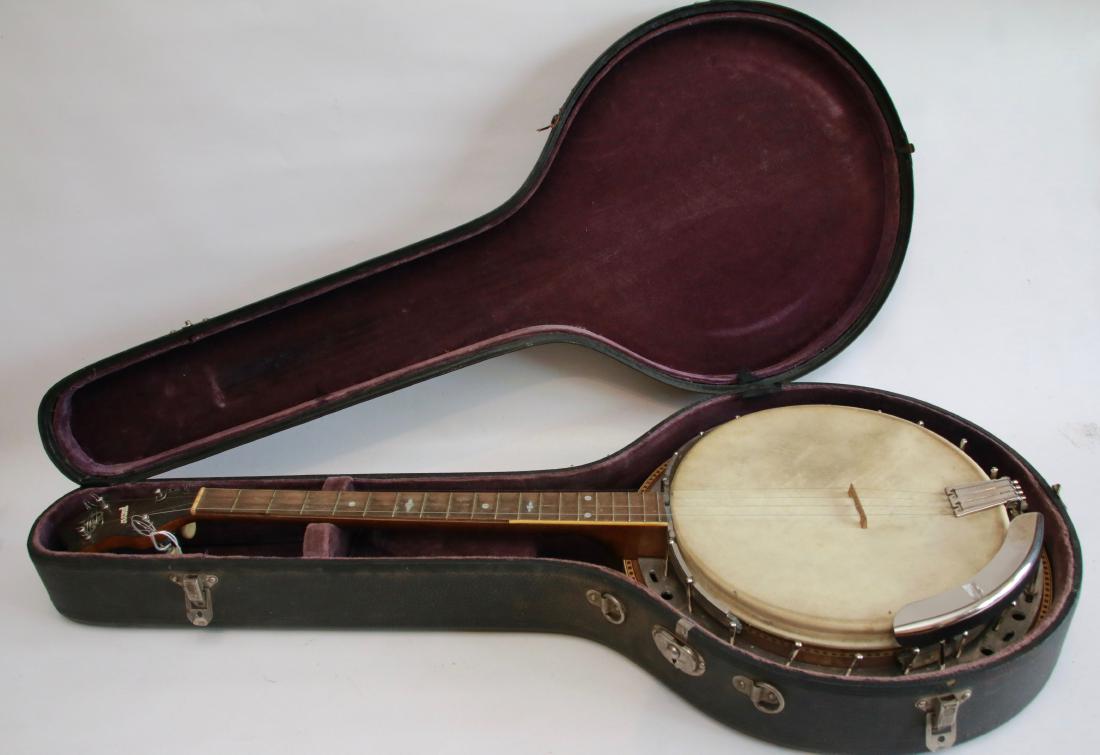 VINTAGE BANJO IN CASE: HOWARD WITH INLAID WOODEN DESIGN , 34" L