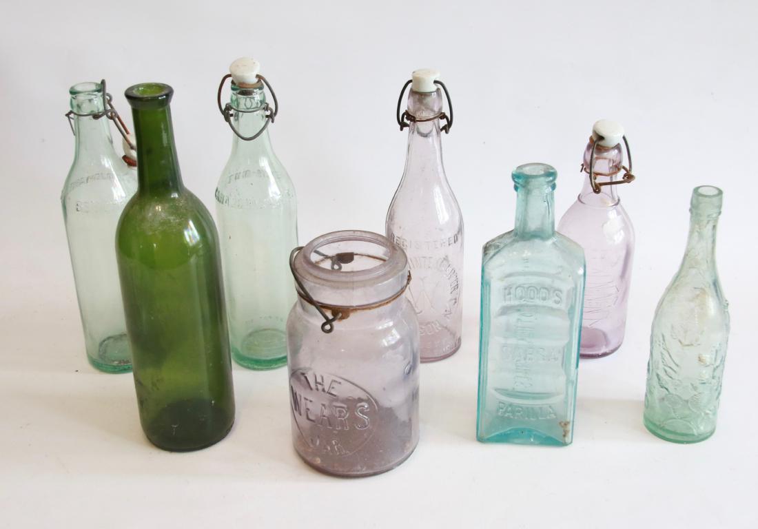 GROUP LOT OF BOTTLES: (8) BOTTLES INCLUDING - JOHN WINTENBERGER PATTERSON, NEW JERSEY - THE WEARS FRUIT JAR - AND MORE , 6 1/2" TO 11" H