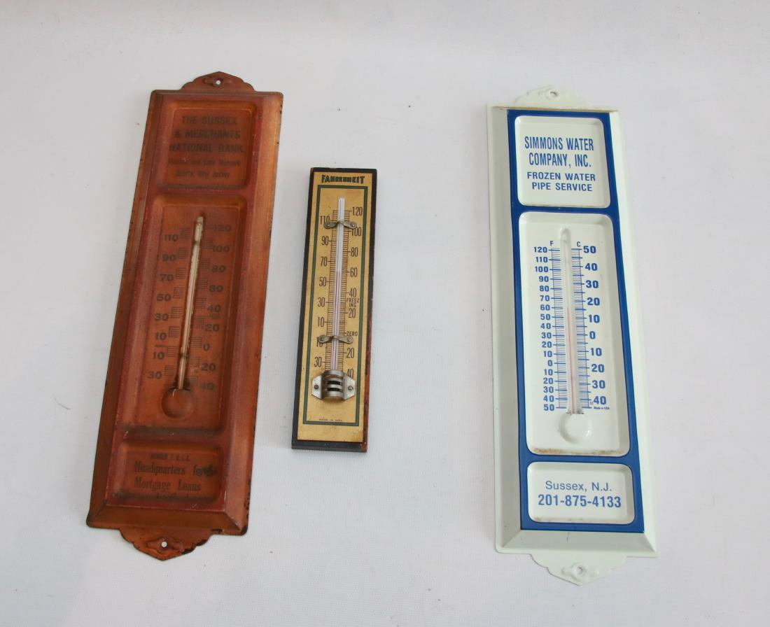 LOT OF ADVERTISING THERMOMETERS: (3) INCLUDING - SUSSEX NATIONAL BANK OF SPARTA - SIMMONS WATER CO, - AND OTHER , 13 1/2" L