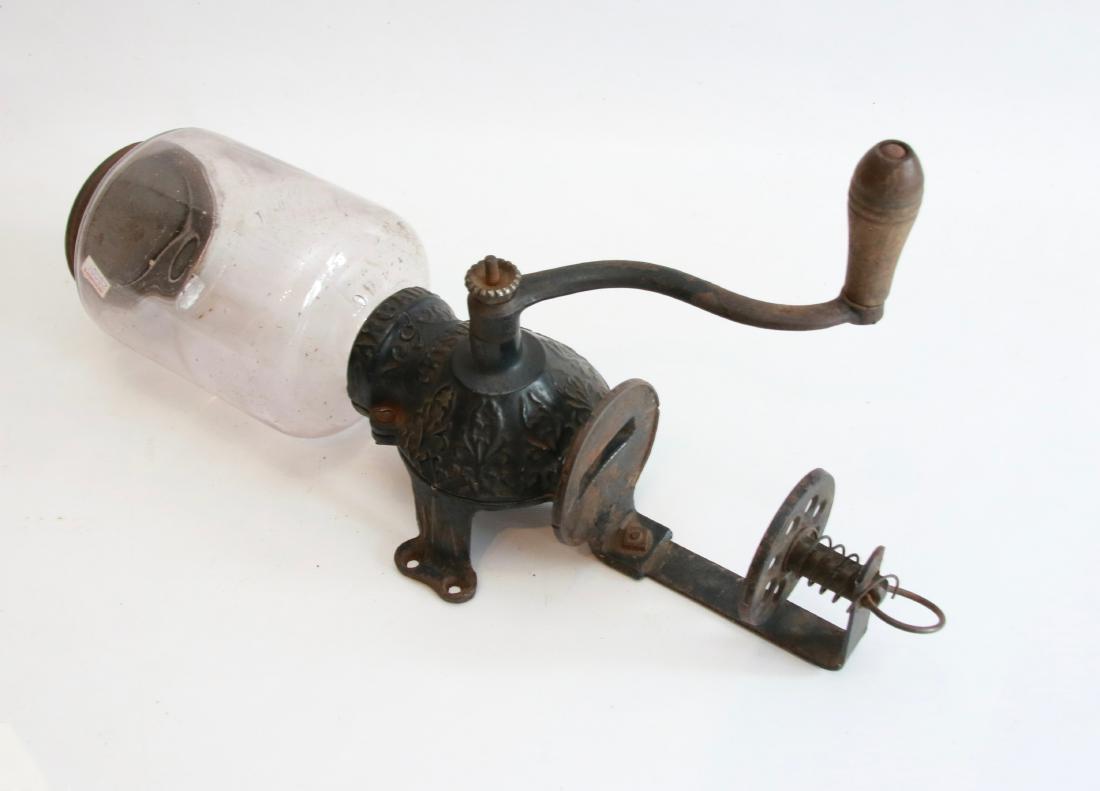 WALL MOUNT COFFEE GRINDER: BY; ARCADE - "THE ARCADE CRYSTAL" - GLASS AND CAST IRON , 18" L