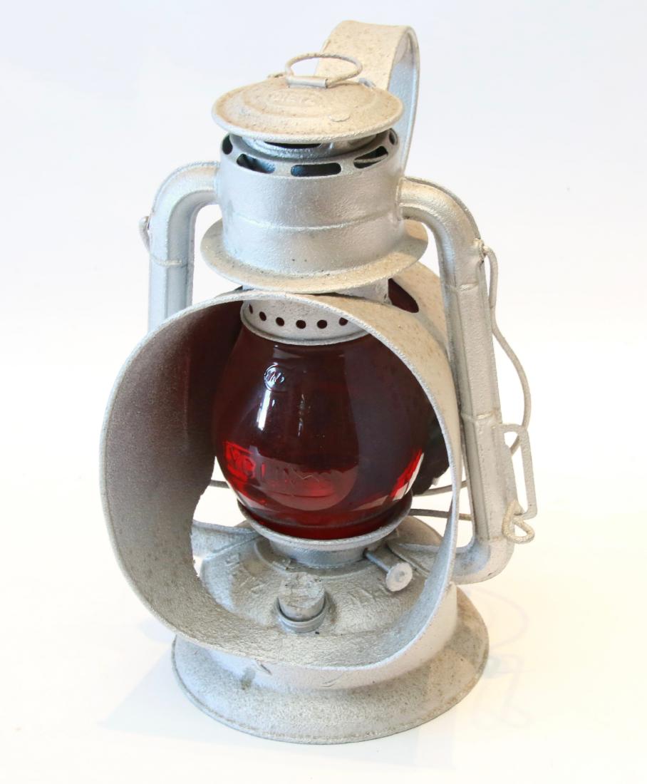 DIETZ LANTERN: WITH RED GLOBE "NYC" LINES - PAINTED SILVER - IDEAL INSPECTOR LAMP , 11" H