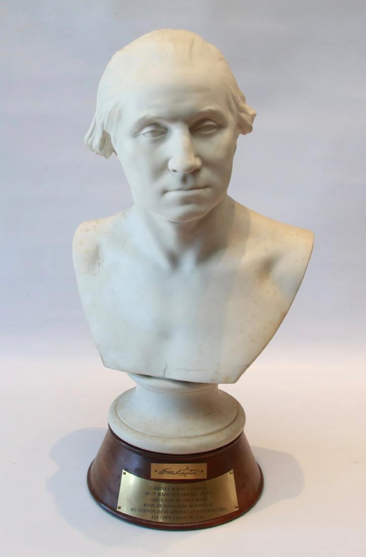 MARBLE BISQUE BUST OF GEORGE WASHINGTON: CARRARA MARBLE BISQUE BUST - BUST MADE IN CARRARA, ITALY CIRCA 1848-1849 FACE MASK MADE BY SCULPTOR HOUDON AT MT. VERNON-BUST ARRIVED IN PHILADELPHIA VIA COPE LINER IN 1850 , 19" H