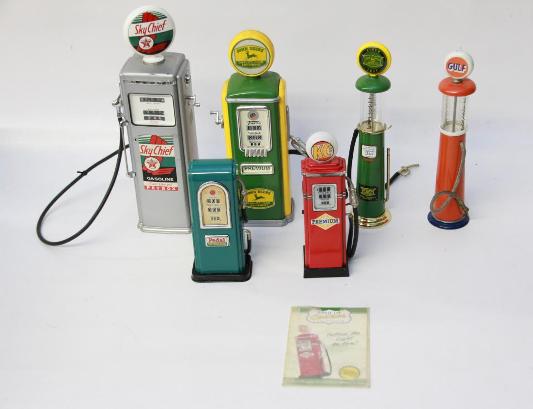 GROUP LOT OF MINIATURE GAS PUMPS: (6) MODERN PUMPS - VARIOUS COMPANIES Dimensions:4 3/4" TO 9 1/4" H