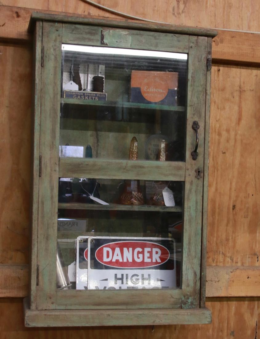 HANGING WALL CABINET: PAINTED GREEN SURFACE - GLASS DISPLAY DOOR Dimensions:19" X 6 1/2" X 30 1/2"
