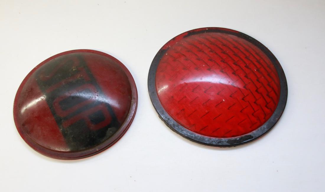 PR. OF GLASS LENSES: ONE SAYS "STOP" ARROW SAFETY MOUNT HOLLY, NEW JERSEY Dimensions:8 1/4" AND 7 1/4" DIAMETER