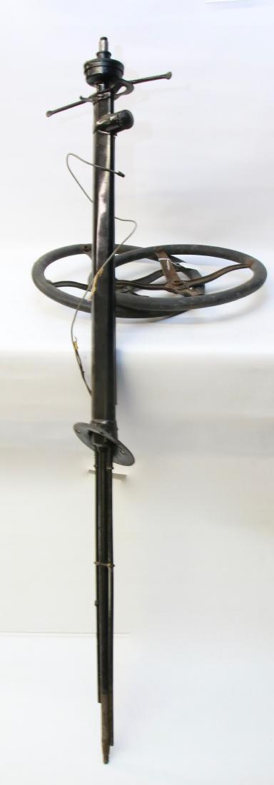 PR. OF WOODEN STEERING WHEELS: WITH STEERING COLUMN - REFURBISHED Dimensions:57 1/2" - WHEELS 16" DIAMETER