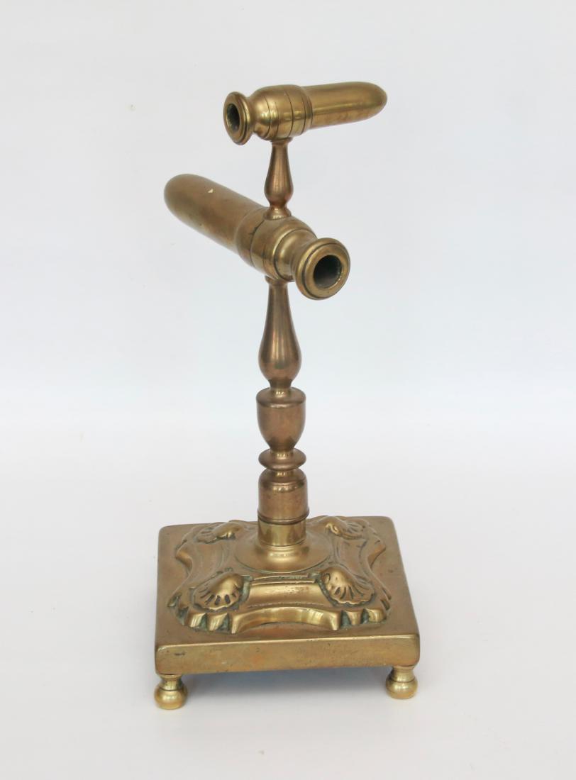 BRASS GOFFERING IRON: DOUBLE GOFFERING IRON ON DECORATED SQUARE BASE - MUSHROOM FEET . 12 3/4" H